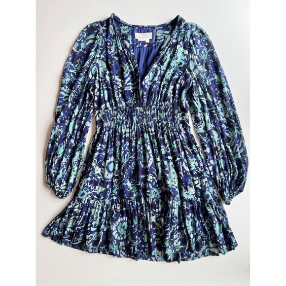 ANTHROPOLOGIE Somerset Blue Floral Chiffon Long Sleeve Mini Dress, Size S - Picture 6 of 13
